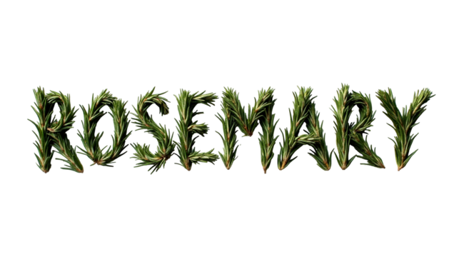 Creative lettering made from dried rosemary needles spells out the word rosemary in a decorative arrangement on a white background