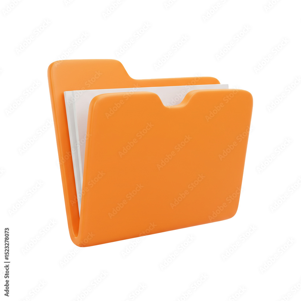 Poster 3d render of an orange file folder icon with documents, isolated on white background