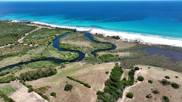 Aerial view of Berchida beach south of Siniscola, in the Baronie territory on the east coast of Sardinia island is known as one of the most beautiful beaches in the Mediterranean for its purest waters