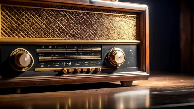 Vintage wooden radio with gold accents on a dark background, emphasizing its design and nostalgic appeal.