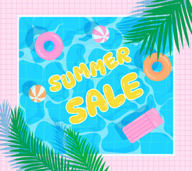Summer sale vector illustration. Pool with blue water, float, ball, rubber ring and palm leaf. Shining turquoise rippled water and Inflatable swimming circle template.