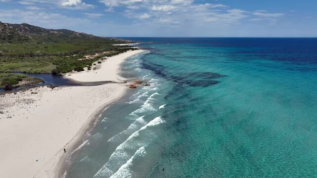 Aerial view of Berchida beach south of Siniscola, in the Baronie territory on the east coast of Sardinia island is known as one of the most beautiful beaches in the Mediterranean for its purest waters
