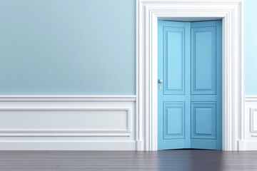 Fototapeta premium A light blue double door in a pale blue room with white wainscoting and dark wood flooring