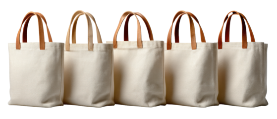 Canvas Tote Bags Display: Five elegantly displayed canvas tote bags, each boasting a classic design with sturdy leather handles.