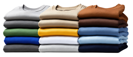 Neatly Stacked Sweaters: A selection of neatly stacked sweaters, each in a different solid color.