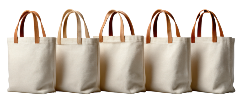 Canvas Tote Bags Display: Five elegantly displayed canvas tote bags, each boasting a classic design with sturdy leather handles.