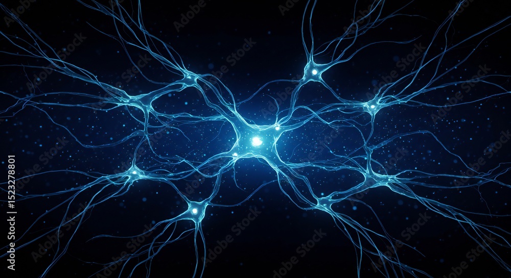 Poster blue glowing neurons interconnected against a black background, with depth and detail enhanced by a 