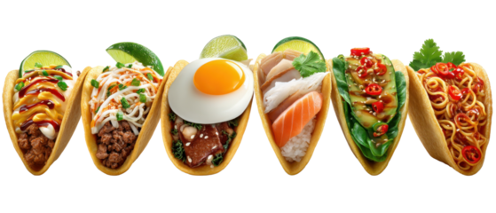 Exquisite Taco Array: A diverse and visually stunning selection of tacos, each brimming with unique and flavorful fillings, arranged in a mouthwatering display.