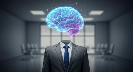 A headless figure in a dark suit with a glowing blue brain replacing the head, set in a modern, softly lit office with chairs and a large window, conveying themes of intellect and innovation.