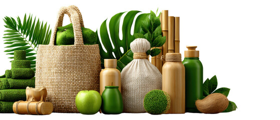 Eco-Friendly Essentials: A vibrant display of eco-conscious products, from toiletries and skincare to natural woven bags, all artfully arranged to reflect a commitment to sustainability and wellness.