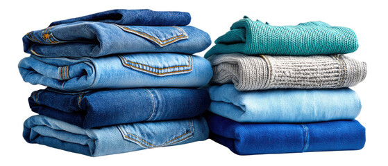 Neatly Stacked Jeans and Sweaters: Two stacks of folded clothing, one of blue jeans and one of blue and gray sweaters, sit side-by-side, showcasing textures and colors.