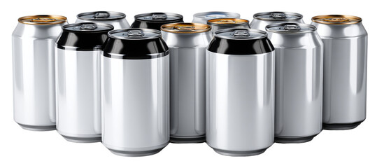 A cluster of Beverage Cans: A photorealistic display showcases a group of sleek, metallic beverage cans, symbolizing refreshment, social gatherings, and convenience.