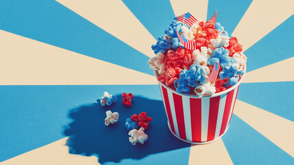 Pastel snack close-up of a popcorn pail dotted with miniature American flags, light radial shadow and gentle texture for charm