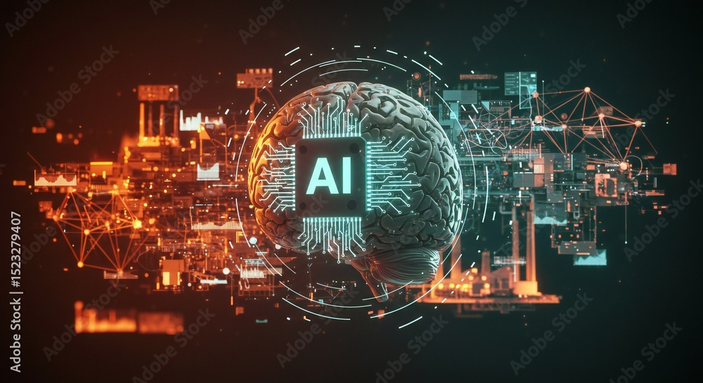 Fototapete digital artwork of a brain with 'ai' in the center, surrounded by glowing data visualizations and co