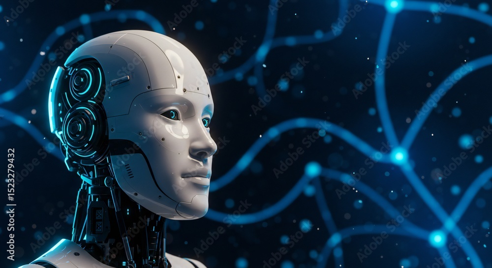 Poster a close-up of a humanoid robot with a serene expression, illuminated with blue accents, against a da