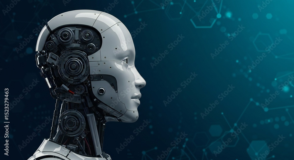 Poster futuristic robotic head in profile; smooth, white surface with detailed mechanical components; deep 