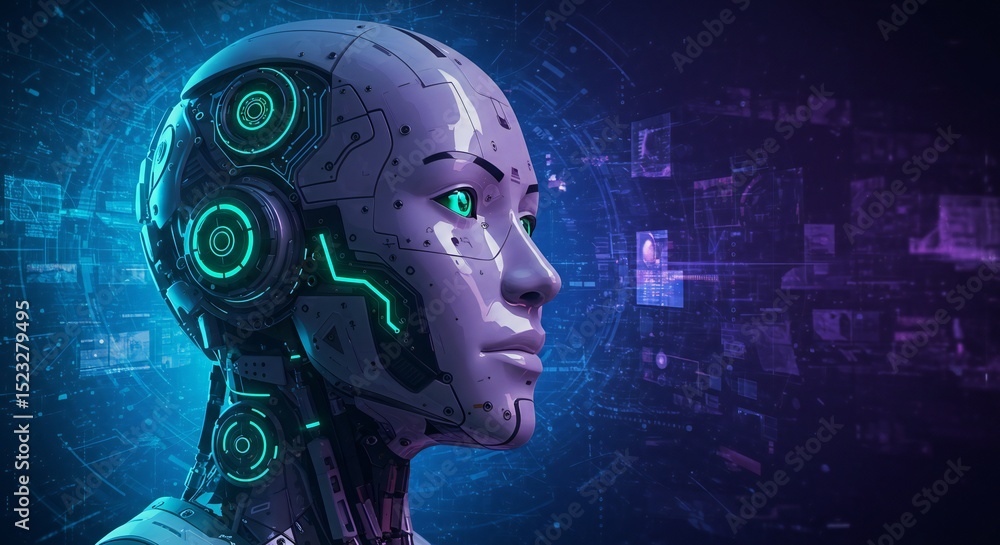 Poster futuristic robot head in profile with neon green highlights against a digital backdrop, cool colors 