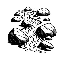Illustration of Stream Flowing Through Rocks in Black and White Detailed Line Art