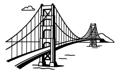Illustration of the Golden Gate Bridge in Black and White Outline Line Art Drawing