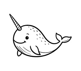 Cartoon Narwhal Smiling with Black and White Outline Line Art Drawing Illustration
