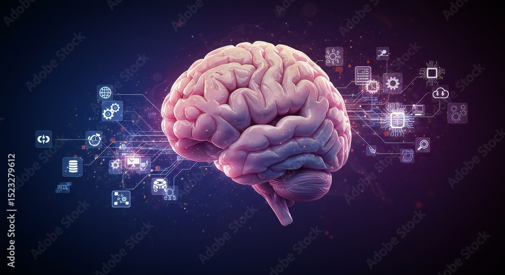 Poster realistic brain centered on a dark background, adorned with glowing technology icons and connections