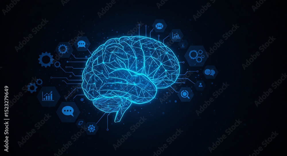 Aufkleber blue neural network brain design on a dark background, featuring tech icons like gears and graphs, s