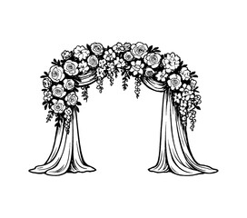 Floral Archway Decoration with Roses and Cloth Black and White Line Art Illustration