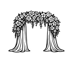 Floral arch decoration with flowers and fabric in black and white vector illustration