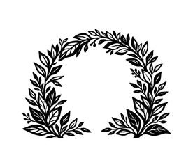 Botanical Archway Frame with Leaves and Branches in Black and White Linocut Style