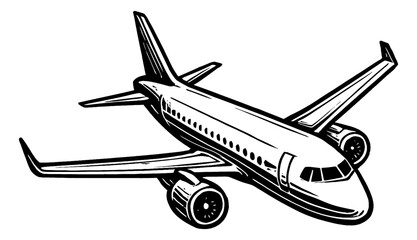 Illustration of an Airplane Flying in a White Background Black and White Line Art Vector