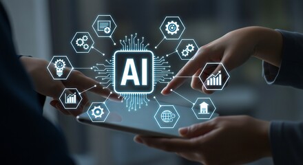 Two hands, one wearing a suit, point to a tablet showing a luminous 'AI' icon surrounded by tech symbols. Soft lighting enhances the futuristic vibe, showcasing a sleek, modern interface.