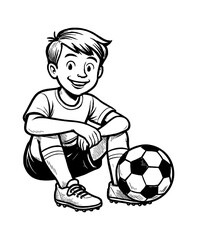 Boy Sitting with Soccer Ball Smiling in Black and White Outline Line Art Cartoon Style