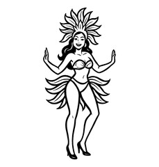 Fototapeta premium Brazilian Samba Dancer with Headdress and Costume Smiling with Raised Arms, Line Art Style