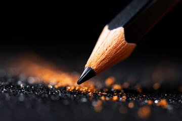 Sharp macro close-up of a black graphite pencil tip