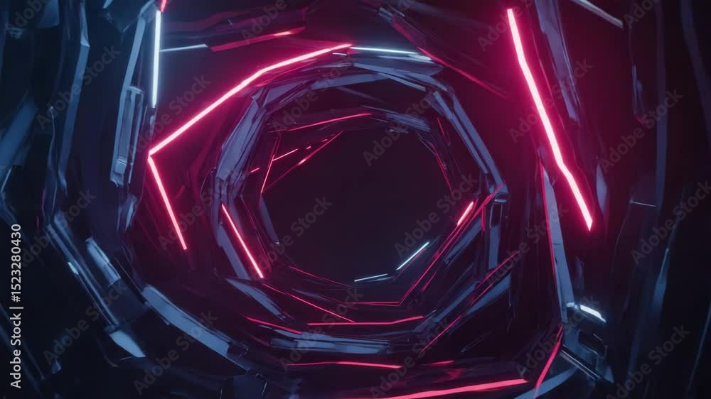 Poster red neon lines illuminate a hexagonal sci-fi tunnel in a dark digital world. concept of futuristic t
