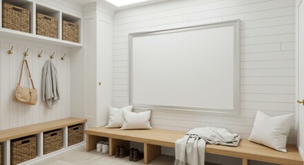 Bright Farmhouse Mudroom with Large Horizontal Silver Frame Mockup on Shiplap Wall