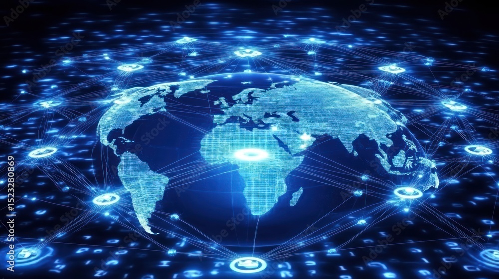 Wall mural a glowing blue illustration of planet earth connected to a network of digital nodes