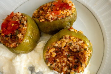 Close-up of local Turkish dish minced meat stuffed dolma