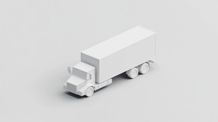 Low-poly, white semi-truck and trailer on a minimalist grey background, isometric view