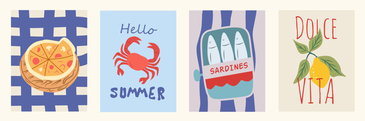 Abstract posters in minimalist style. Italian wall art decor, trendy banners of summer, lemon, sardines, crab, pizza in the cartoon style. Mediterranean decor of wallpaper, walls, print and postcards. © Sinta Alfa
