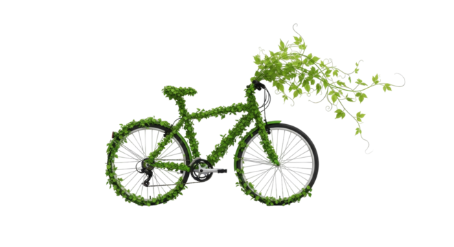 Bicycle adorned with lush green ivy floating