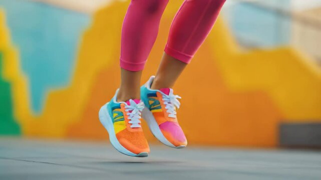 Vibrant legs in motion wearing bright sneakers during energetic zumba dance and fitness class