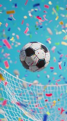 Soccer ball entering a net with colorful confetti.