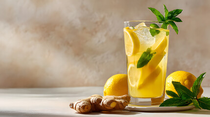 Refreshing ginger lemon mocktail with ice, mint, and lemon slices in a tall glass on a light neutral background