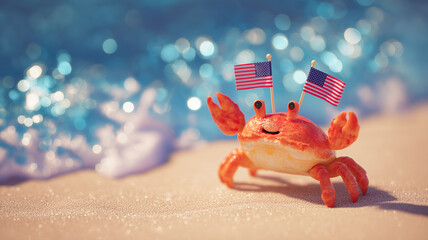 Cute smiling crab miniature holding two American flags near the beach