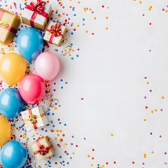 Celebratory scene features vibrant balloons, beautifully wrapped gifts, and colorful confetti scattered against a clean, textured white background, ideal for designs.