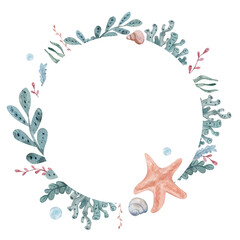 Round watercolor frame featuring starfish, shells and seaweed, water bubbles and blank space for text. Hand drawn, white background. Elegant design perfect for wedding invitations, greeting cards