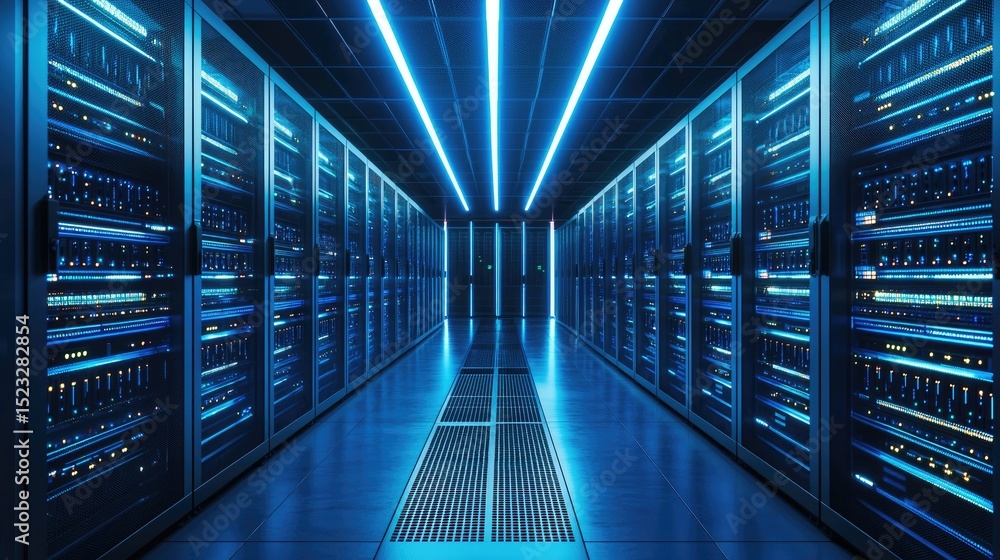 Aufkleber Futuristic data center interior with aligned server racks glowing in blue, illuminated ceiling lights, and reflective flooring, perfect for cloud computing or network infrastructure themes