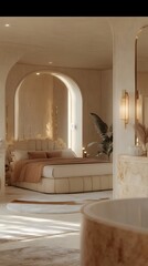 Beige and cream bedroom interior design with arched doorways.