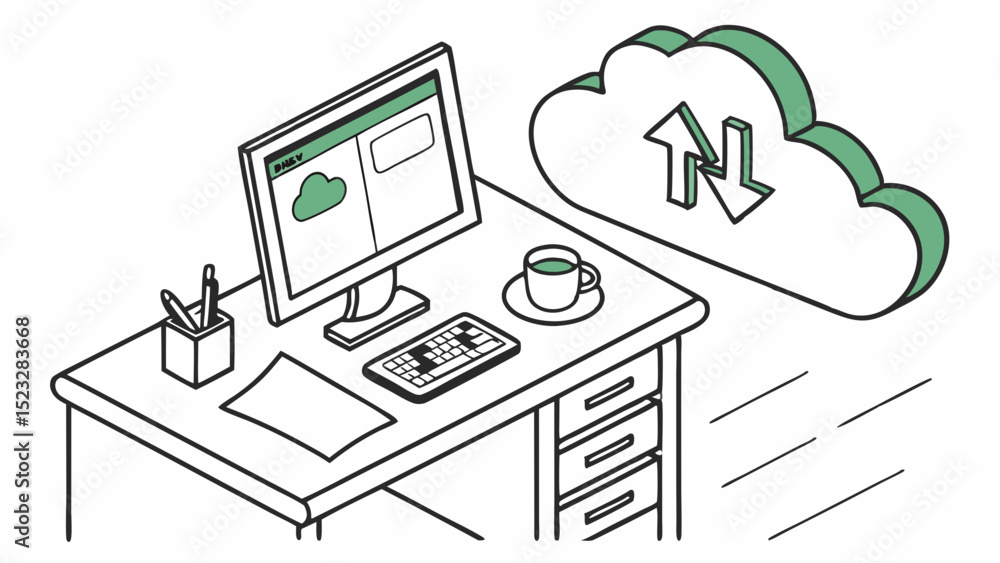 Poster isometric illustration of desktop computer with cloud data transfer